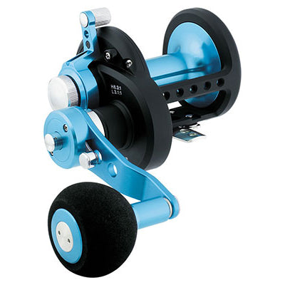 Black reel with sky blue spool and arm.