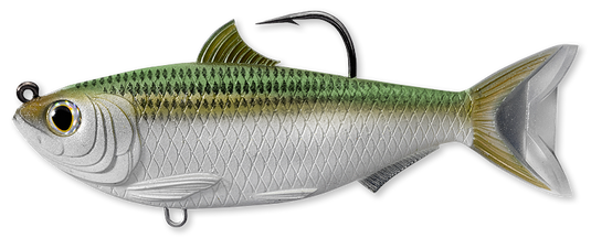 Silver and green sardine with a hook coming out by the top fin